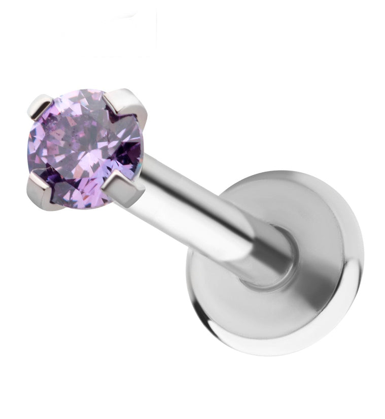 Amethyst Prong CZ Stainless Steel Internally Threaded Labret