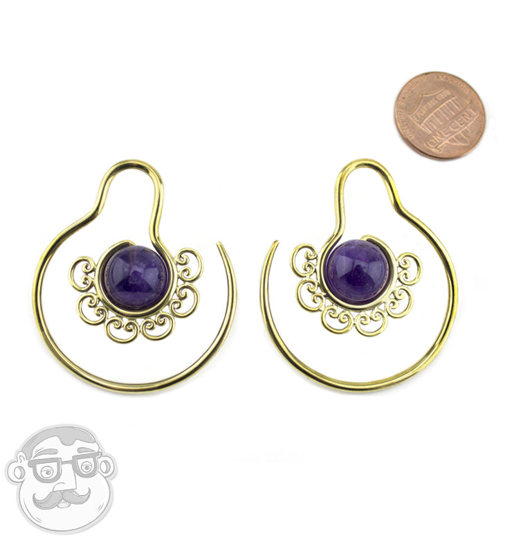 Brass Earrings With Amethyst Stone Inlay