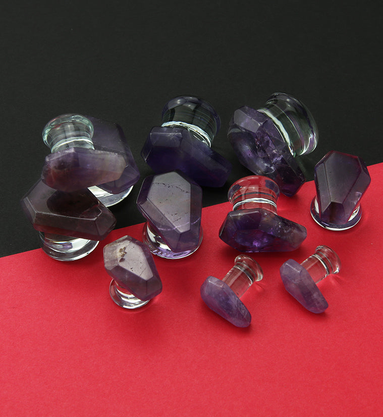 Amethyst Stone Coffin Double Flare Glass Plugs - Gauges