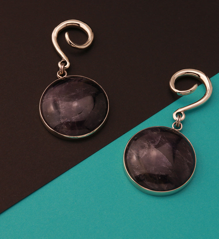 Grand Amethyst Stone Silver Brass Hanging Ear Weights