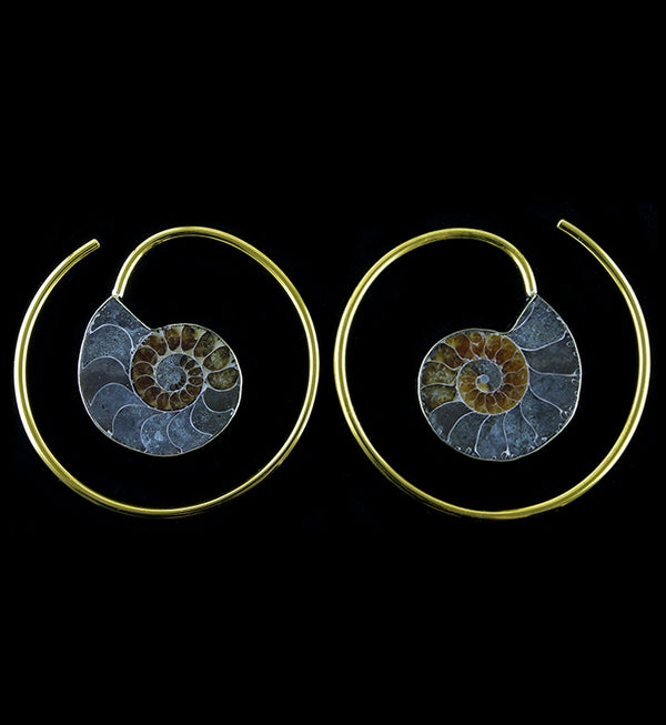 Brass Earrings With Ammonite Fossil Inlay