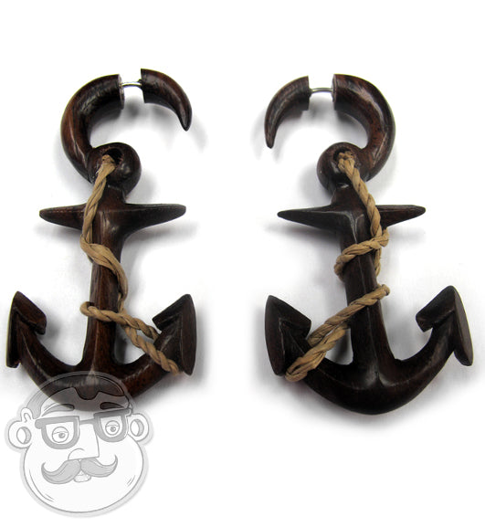 Wooden Anchor Fake Gauge Tribal Earrings