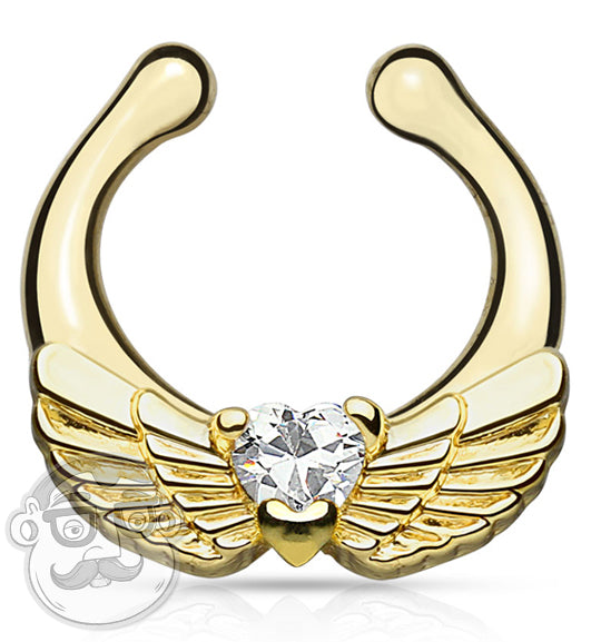 Angel Wing Clear CZ Gem Gold Brass Fake Septum Clicker Ring