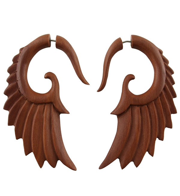 Wood Angel Wing Fake Gauge Talon Spiral Tribal Earrings