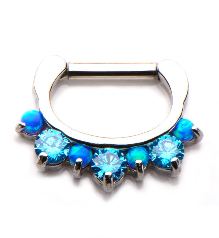 14G Blue Opalite & Aqua CZ Stainless Steel Septum Clicker