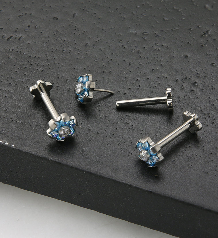 Aqua CZ Flower Titanium Threadless Labret