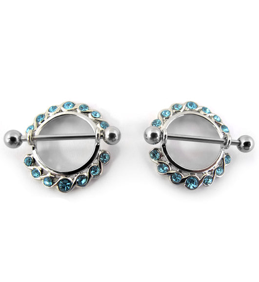 Aqua Nipple Ring CZ Diamond Gem Bar Bell Shield