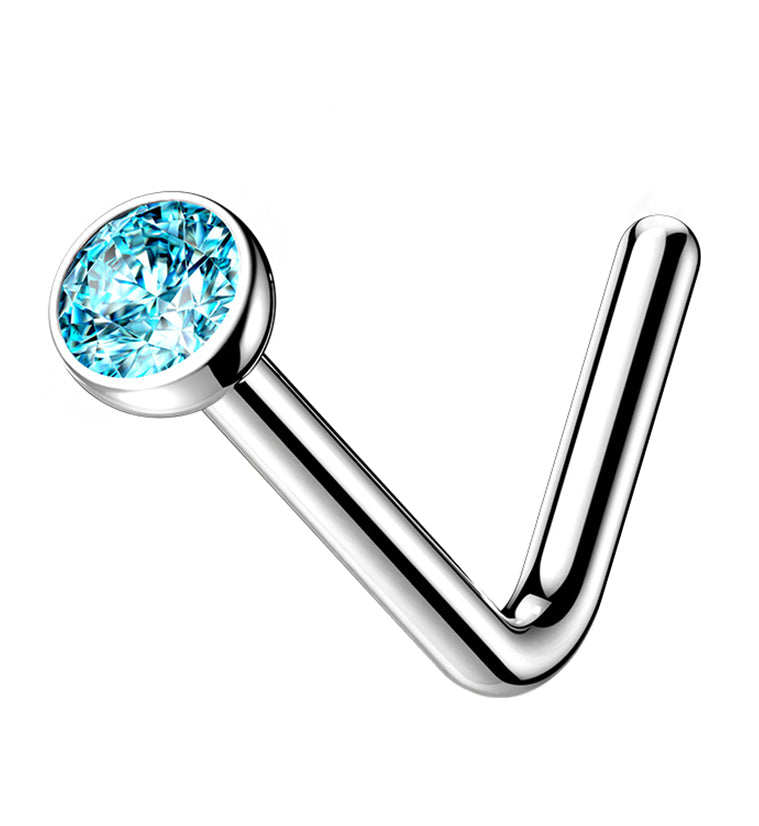 Aqua CZ Top L Bend Titanium Nose Ring
