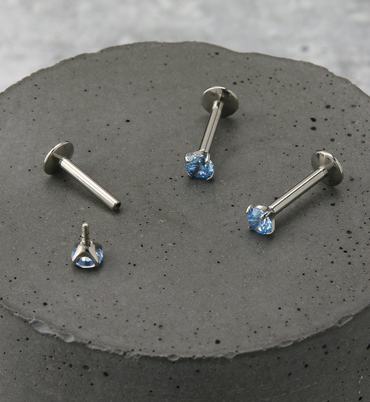 Aqua CZ Prong Labret Stud (Convex Disk)