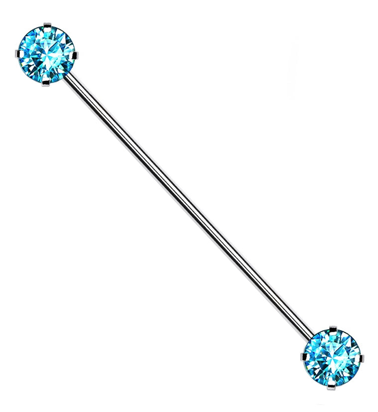 Aqua CZ Stainless Steel Threadless Industrial Barbell