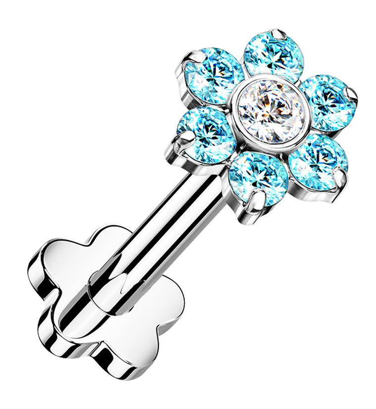 Aqua CZ Flower Titanium Threadless Labret