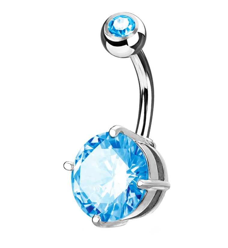 Double Aqua CZ Gem Pronged Belly Button Navel Ring 14 Gauge