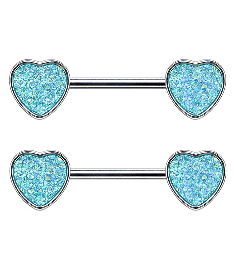14G Aqua Druzy Heart Nipple Ring Barbell