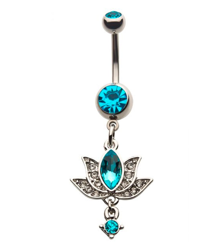 Lotus Flower Aqua Gem Belly Ring