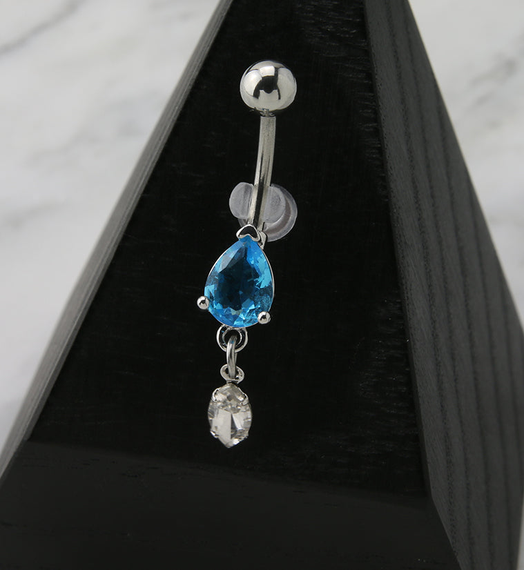 Aqua Teardrop CZ Dangle Belly Button Ring