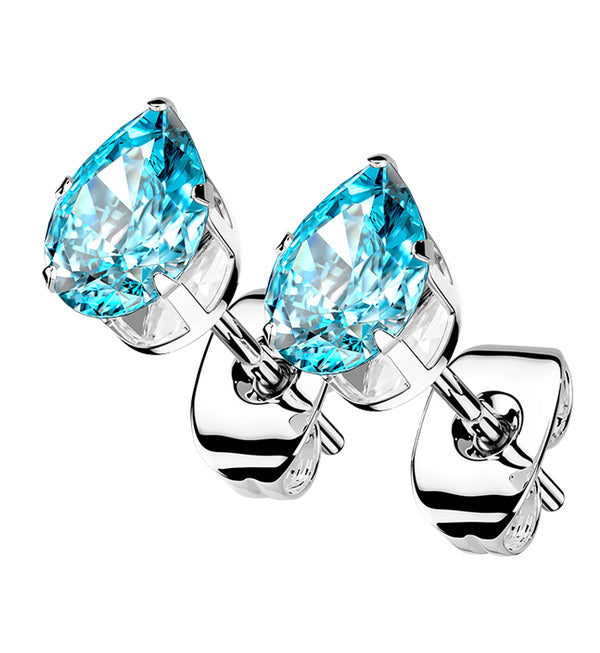 Aqua Teardrop CZ Stainless Steel Earrings