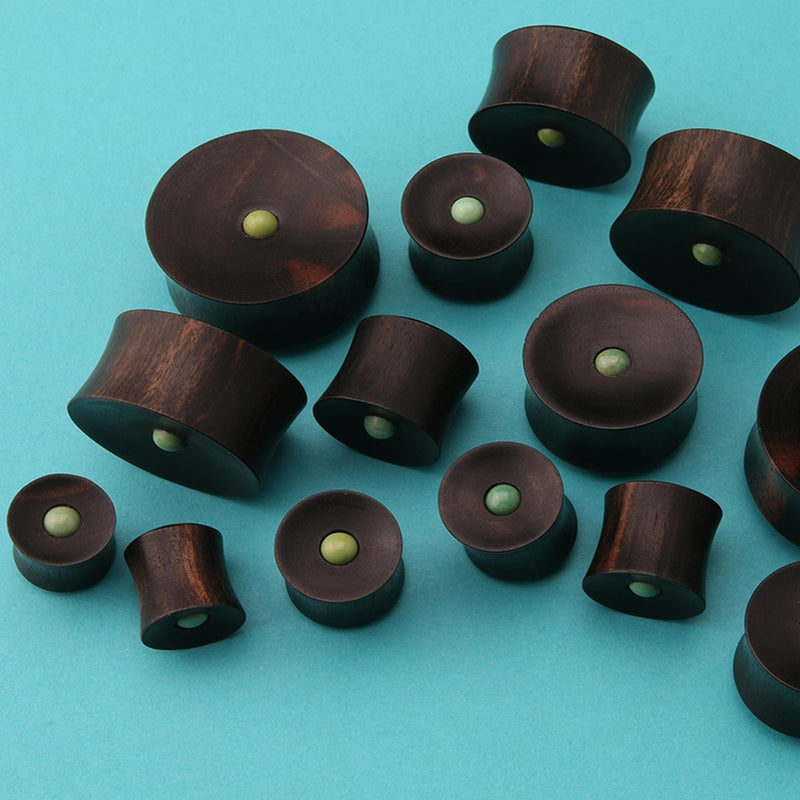 Areng Wood Plugs with Green Turquoise Inlay