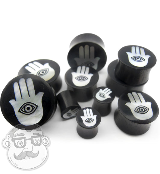 Hamsa Hand MOP Inlay Sono Wood Plugs