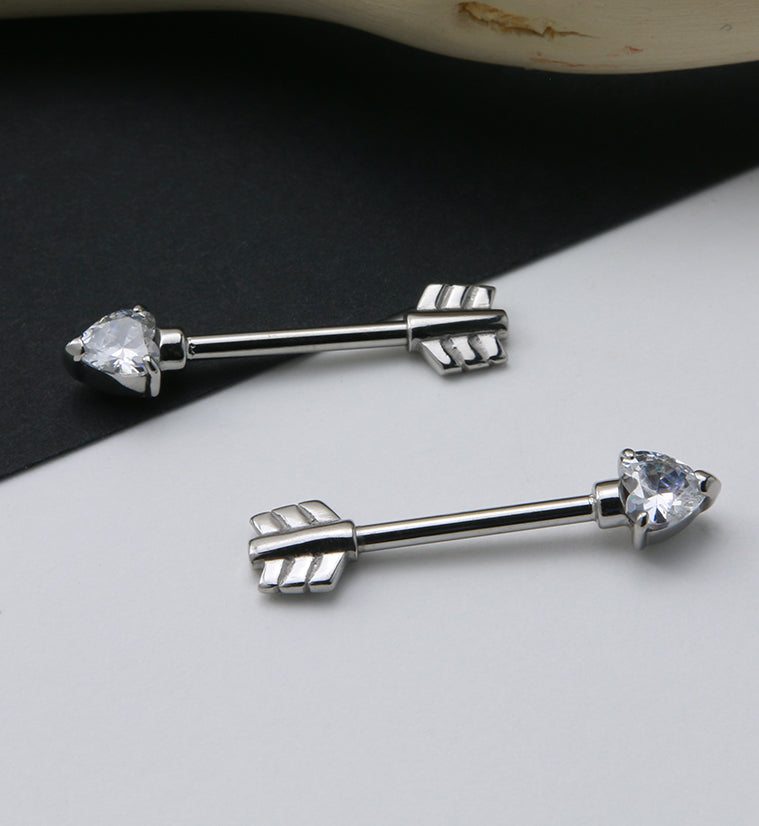 Arrow Heart CZ Nipple Ring Barbell