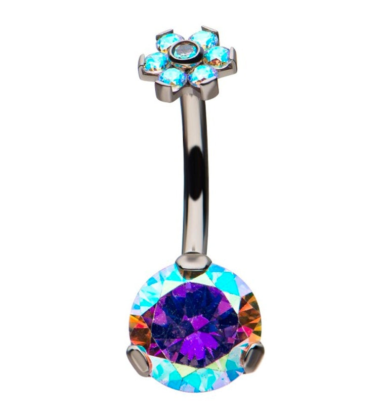 Aurora CZ Flower Top Titanium Belly Button Ring