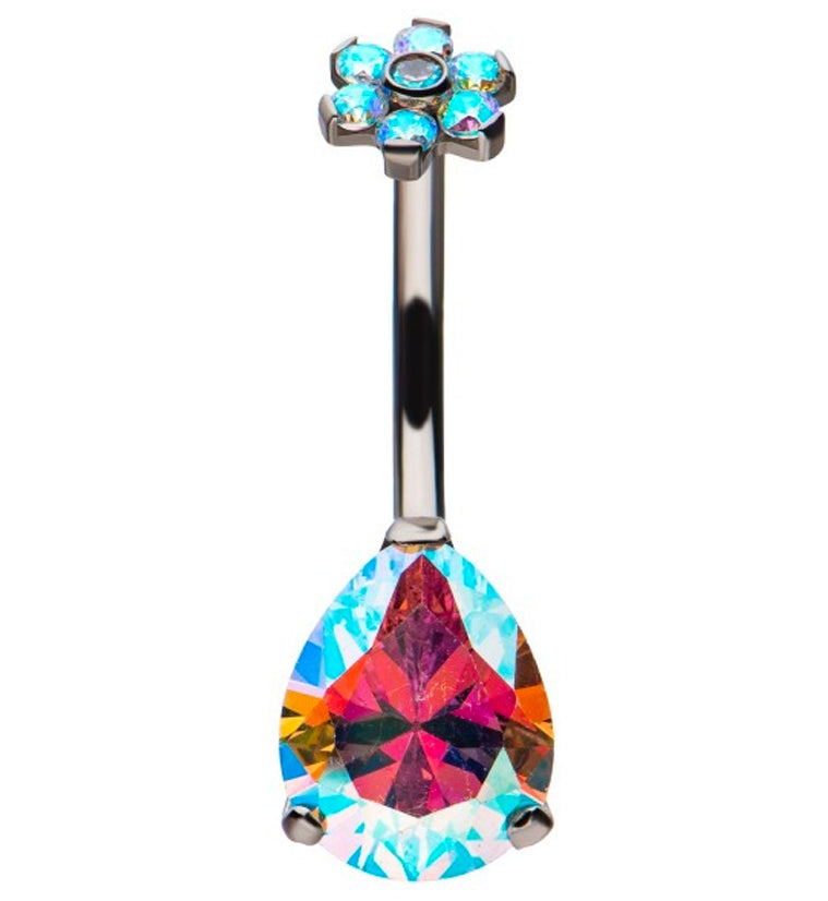 Aurora Teardrop CZ Flower Titanium Belly Button Ring