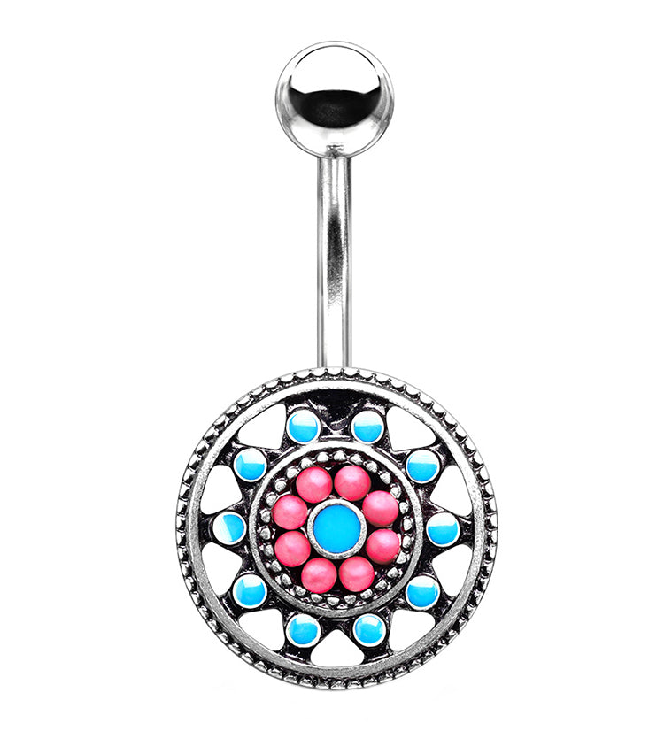 Aztec Blue & Red Beaded Sun Belly Button Ring