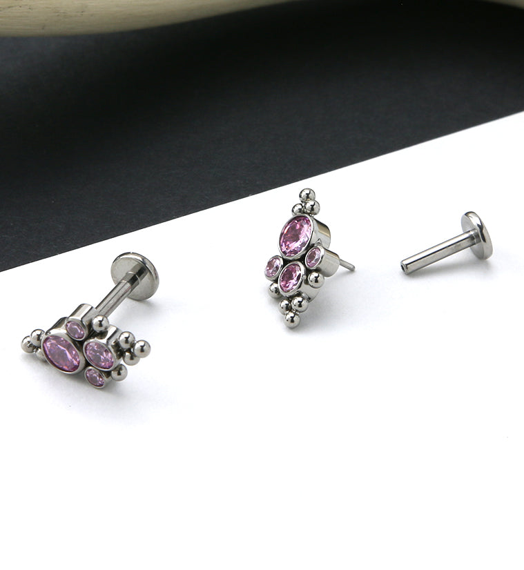 Beaded Array Pink CZ Titanium Threadless Cartilage Barbell