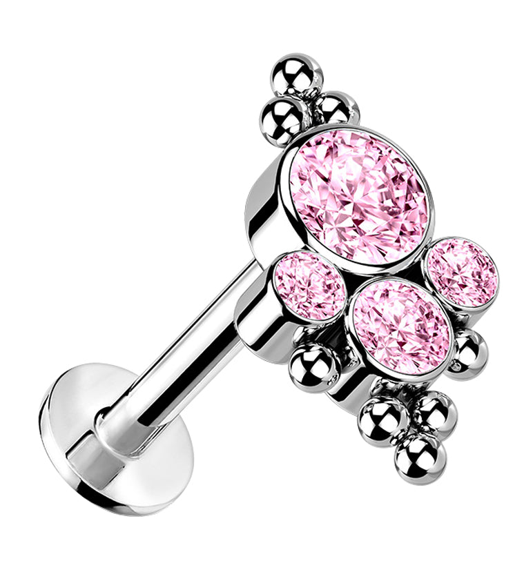 Beaded Array Pink CZ Titanium Threadless Cartilage Barbell