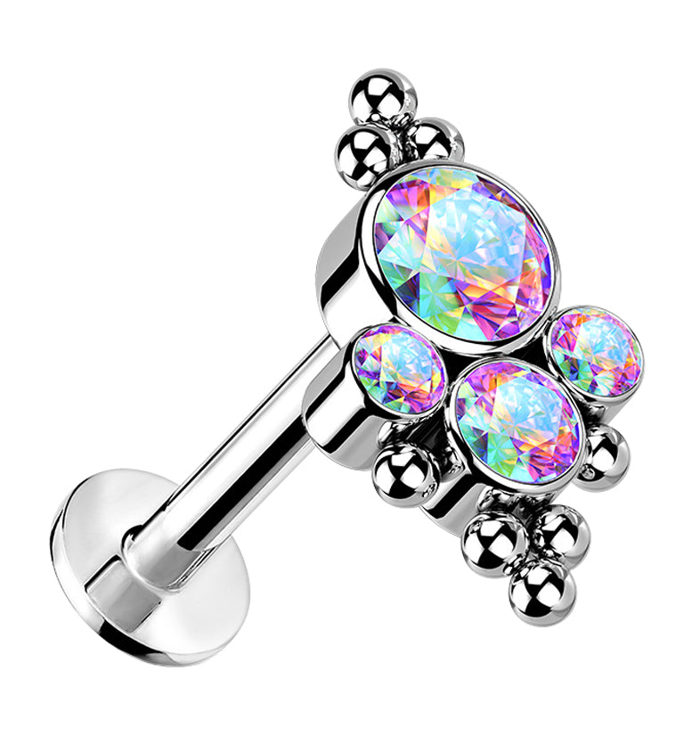 Beaded Array Rainbow Aurora CZ Titanium Threadless Cartilage Barbell