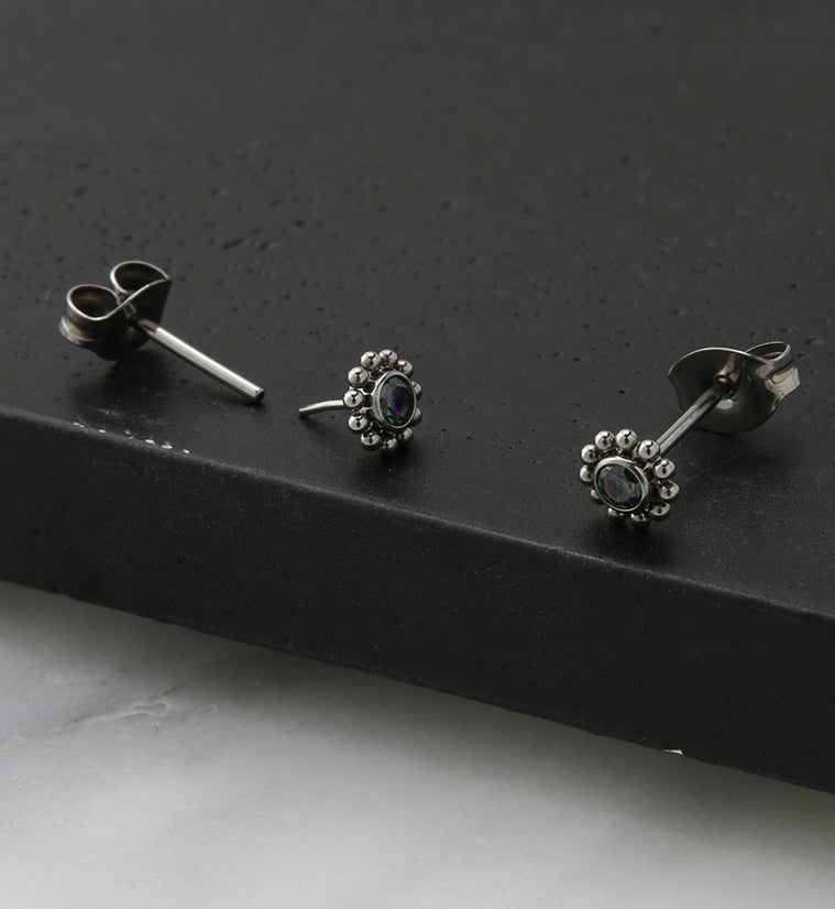 Beaded Black Aurora CZ Titanium Threadless Earrings