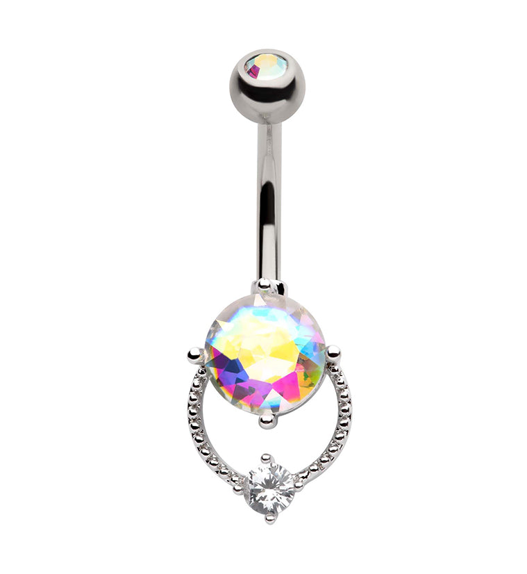 Beaded Circlet Rainbow Aurora CZ Stainless Steel Belly Button Ring