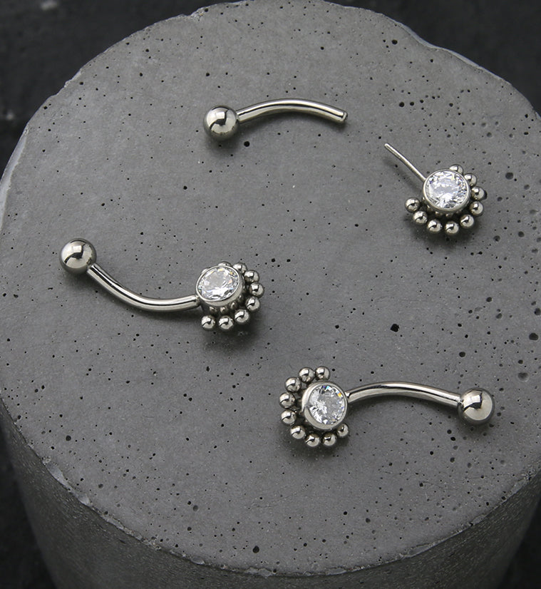 Beaded Clear CZ Titanium Threadless Curved Barbell