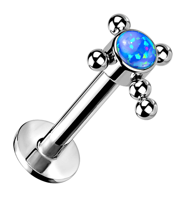 Beaded Cross Blue Opalite Titanium Threadless Cartilage Barbell