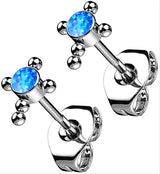 Beaded Cross Blue Opalite Titanium Threadless Earrings