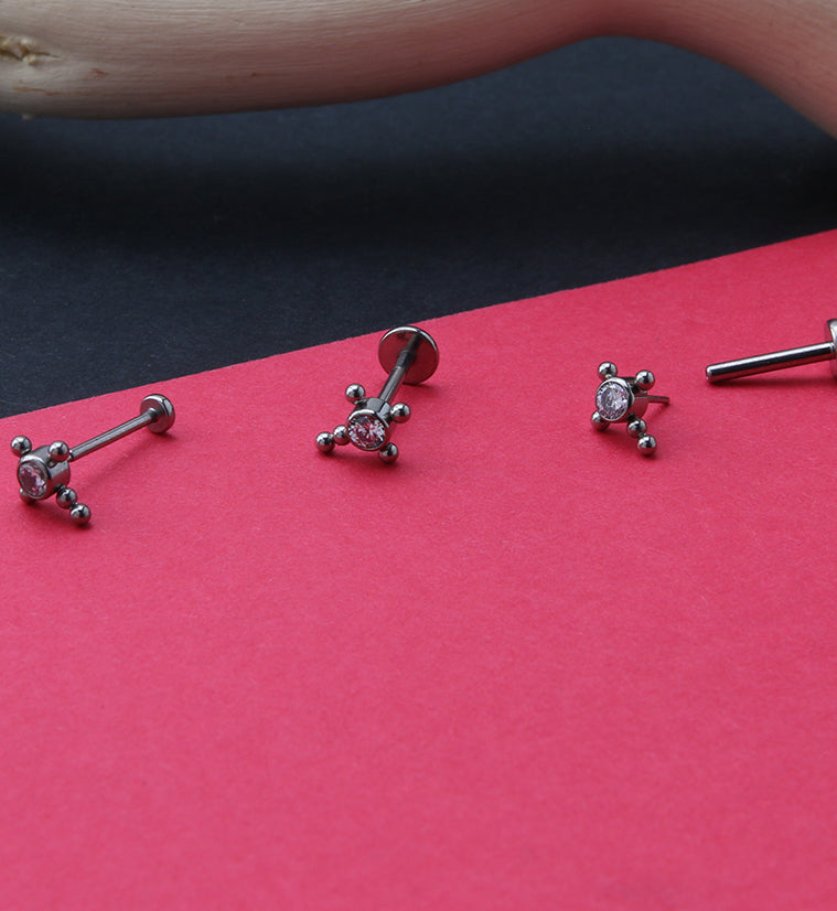 Beaded Cross Clear CZ Titanium Threadless Cartilage Barbell