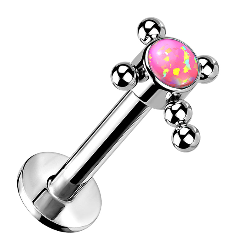 Beaded Cross Pink Opalite Titanium Threadless Cartilage Barbell