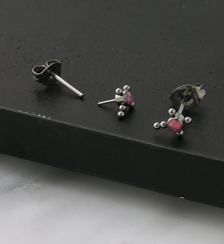 Beaded Cross Pink Opalite Titanium Threadless Earrings