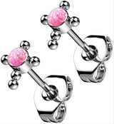 Beaded Cross Pink Opalite Titanium Threadless Earrings