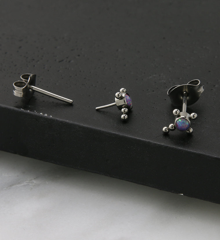 Beaded Cross Purple Opalite Titanium Threadless Earrings