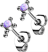 Beaded Cross Purple Opalite Titanium Threadless Earrings