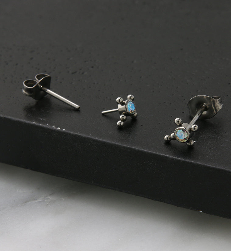 Beaded Cross Rainbow Aurora CZ Titanium Threadless Earrings