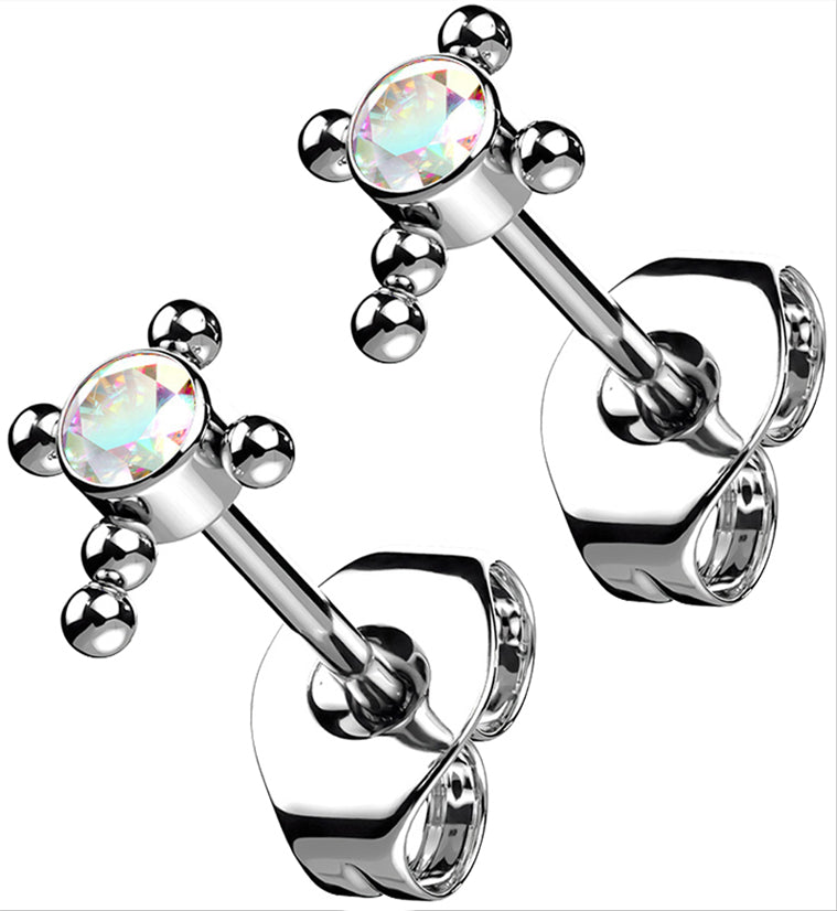 Beaded Cross Rainbow Aurora CZ Titanium Threadless Earrings