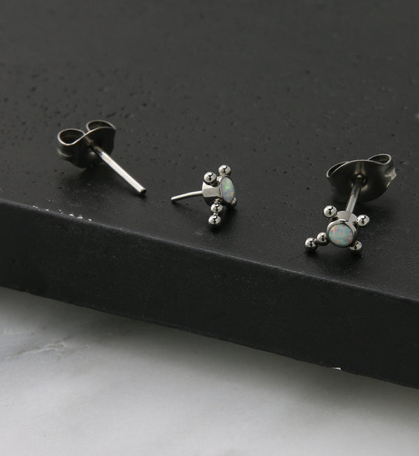 Beaded Cross White Opalite Titanium Threadless Earrings
