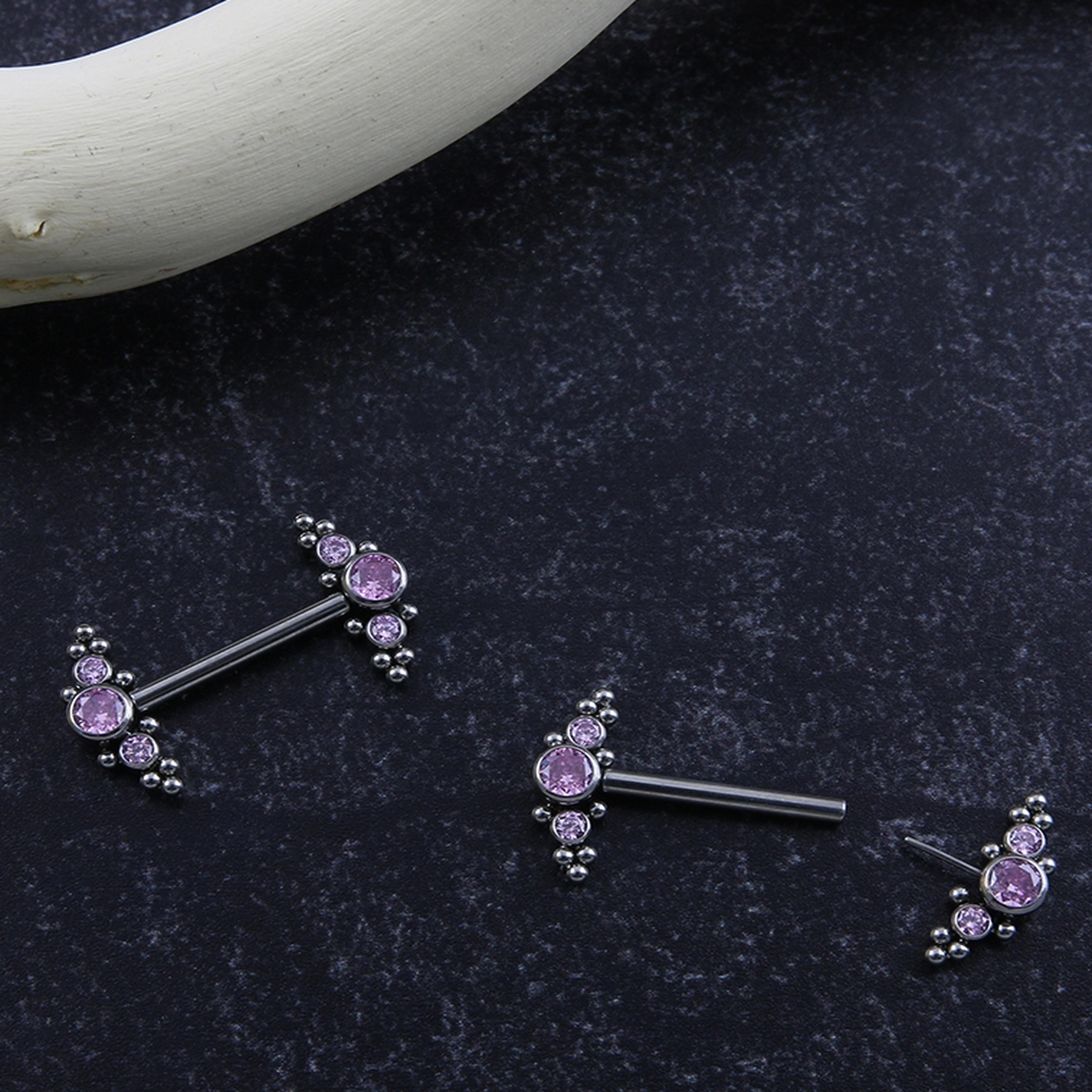 14G Beaded Pink CZ Titanium Threadless Nipple Ring Barbells