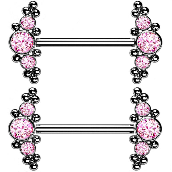 14G Beaded Pink CZ Titanium Threadless Nipple Ring Barbells