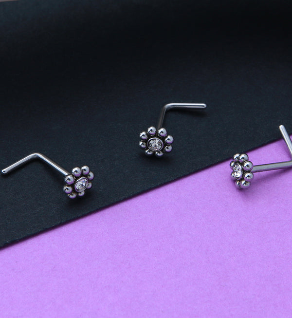 Beaded Flower Clear CZ L Bend Nose Stud