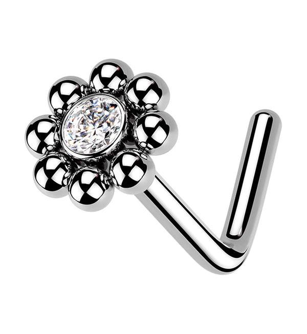 Beaded Flower Clear CZ L Bend Nose Stud