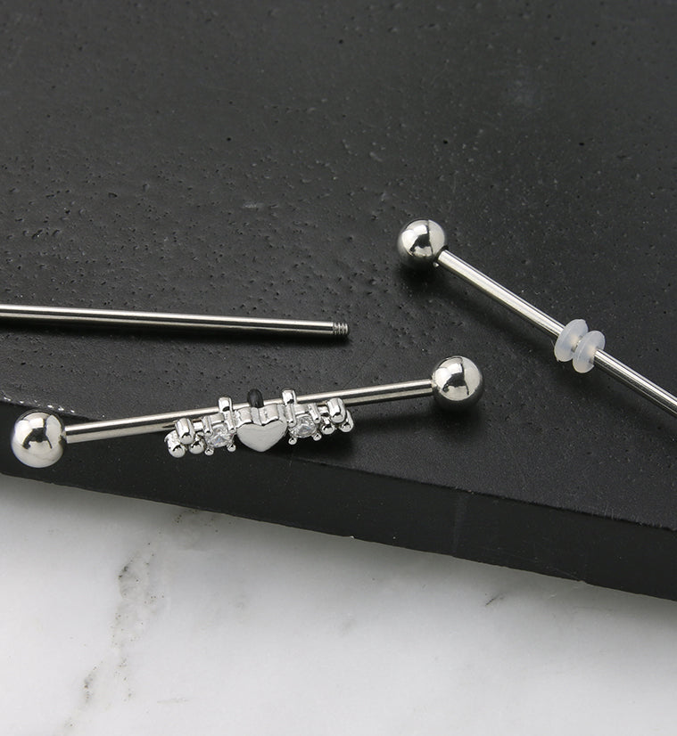 Beaded Heart CZ Industrial Barbell