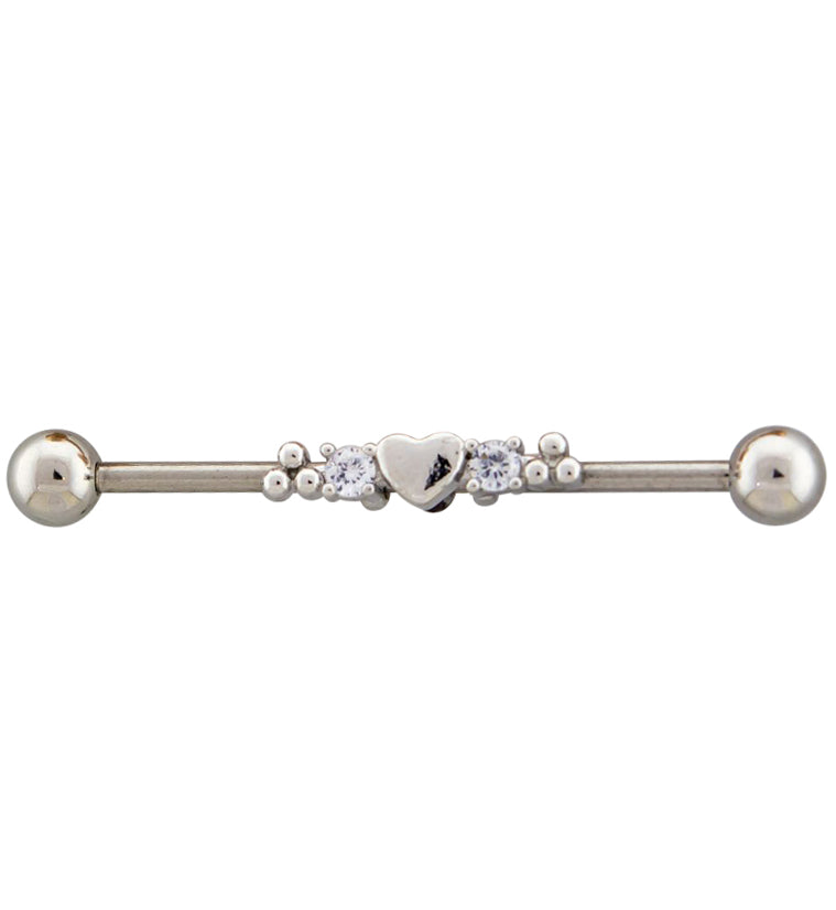 Beaded Heart CZ Industrial Barbell