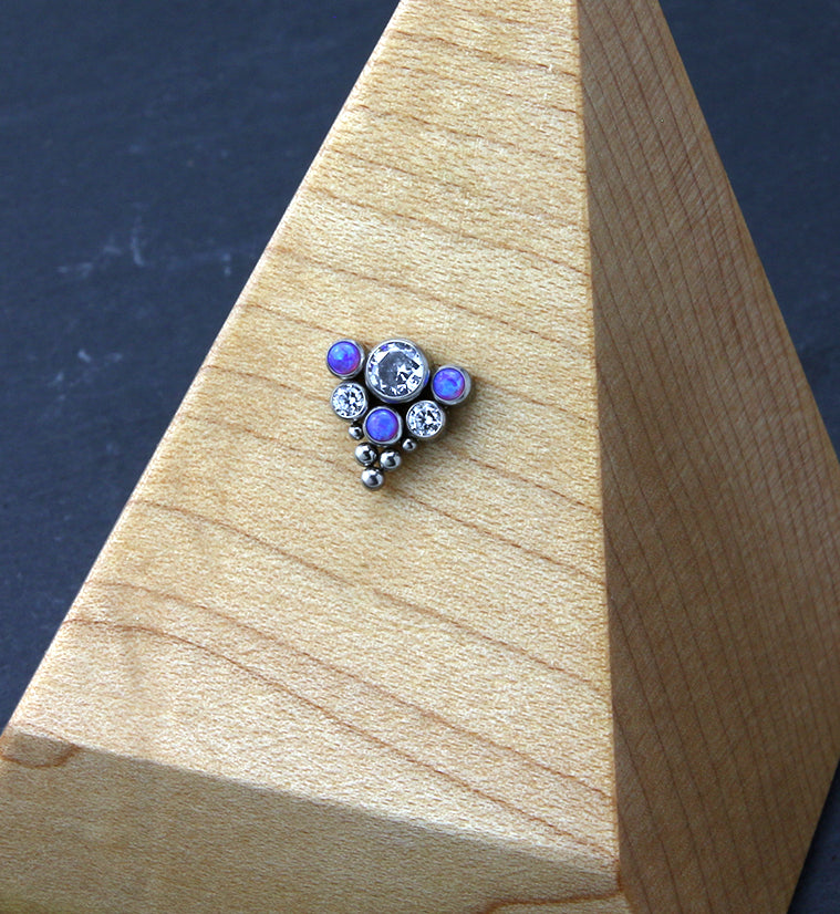 Beaded Hexad Purple Opalite and Clear CZ Threadless Titanium Top